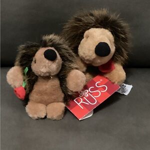2 Vintage Russ Plush Hedgehogs with roses and Black and Brown Fur HAROLD